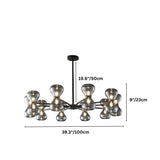 "Black iron Silvine chandelier with smoked glass spherical shades and dimensions showing 19.6 inches/50 cm height, 9 inches/23 cm shade height, and 39.3 inches/100 cm width."