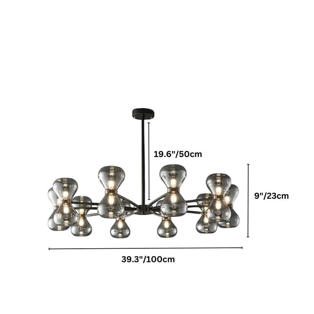 "Black iron Silvine chandelier with smoked glass spherical shades and dimensions showing 19.6 inches/50 cm height, 9 inches/23 cm shade height, and 39.3 inches/100 cm width."