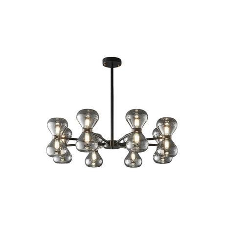 "Black iron Silvine chandelier with smoked glass spherical shades, isolated on a white background."
