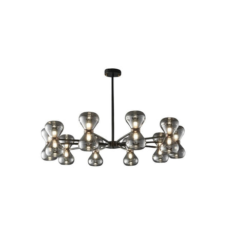 "Black iron Silvine chandelier with smoked glass spherical shades, angled view isolated on a white background."