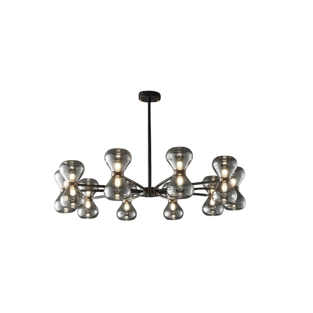 "Black iron Silvine chandelier with smoked glass spherical shades, angled view isolated on a white background."