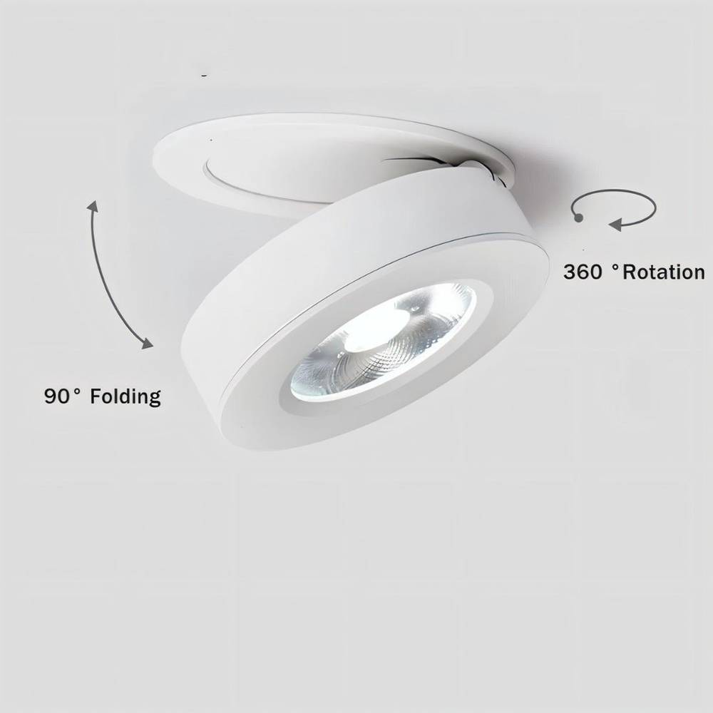 White recessed downlight with 90-degree folding and 360-degree rotation capabilities, shown against a neutral ceiling background.