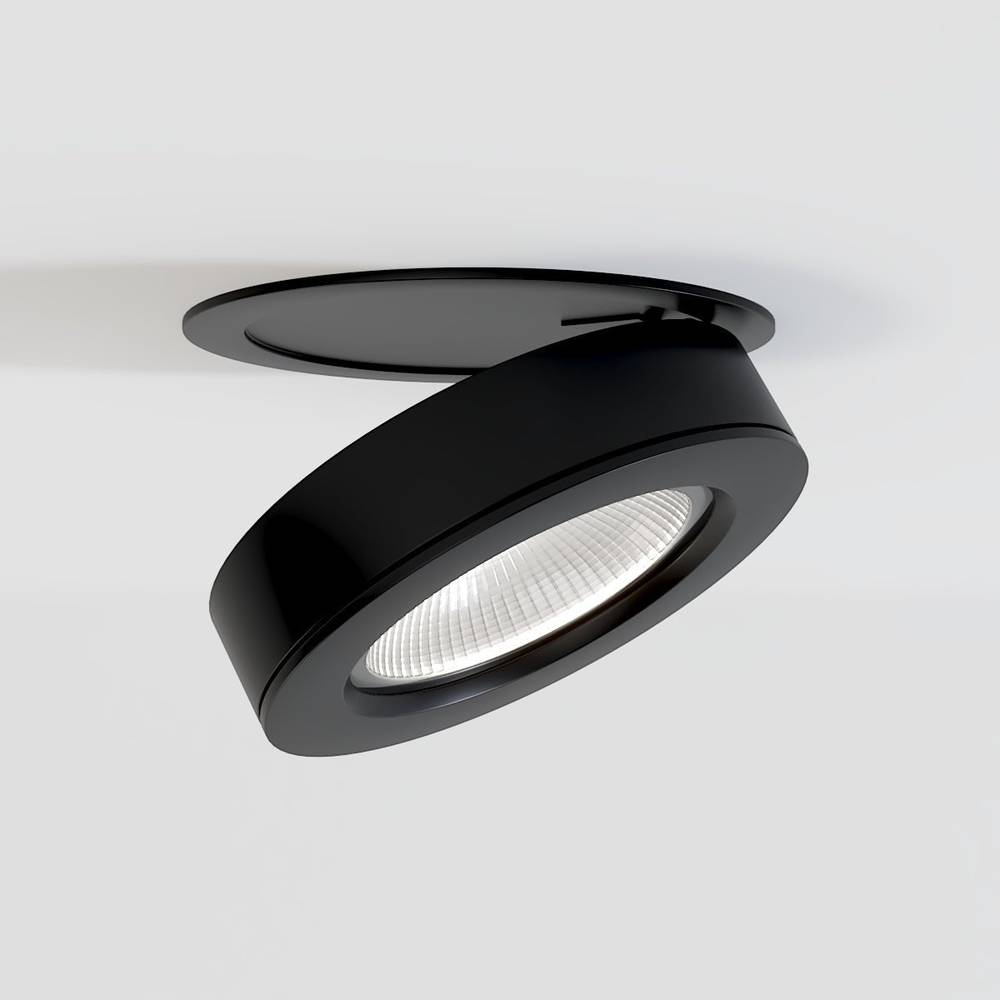 Black recessed downlight with adjustable trim and frosted lens mounted in white ceiling.