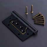 "A black brass door hinge with gold screws, shown on a dark background."