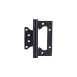 "A black brass door hinge with a reinforced design and multiple screw holes, isolated on a white background."