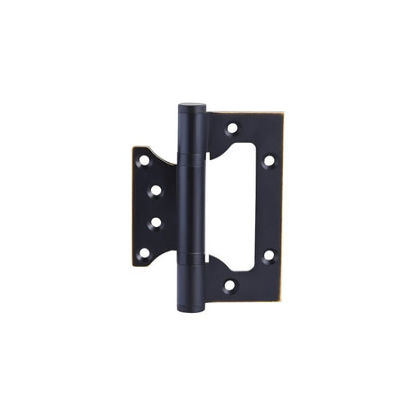 "A black brass door hinge with a reinforced design and multiple screw holes, isolated on a white background."