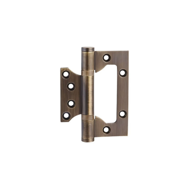"A bronze brass door hinge with a reinforced design and multiple screw holes, isolated on a white background."