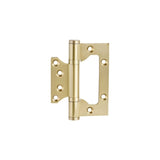 "A gold brass door hinge with a reinforced design and multiple screw holes, isolated on a white background."