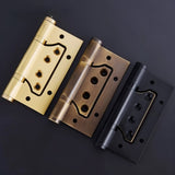 "Three brass door hinges in gold, bronze, and black finishes, shown on a dark background."