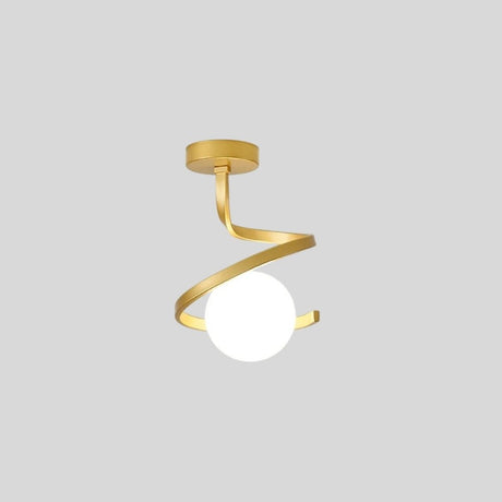 "A modern gold ceiling light with a spiral frame and frosted glass globe, shown on a gray background."
