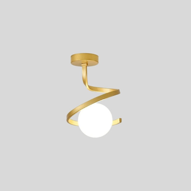 "A modern gold ceiling light with a spiral frame and frosted glass globe, shown on a gray background."