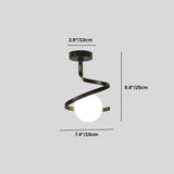 "A modern black ceiling light with a spiral frame and frosted glass globe, showing dimensions of 9.8 inches in height, 7.4 inches in diameter, and 3.9 inches in ceiling mount diameter."