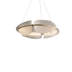 Modern frosted glass pendant chandelier with brass accents suspended above contemporary bedroom furniture against dark blue w