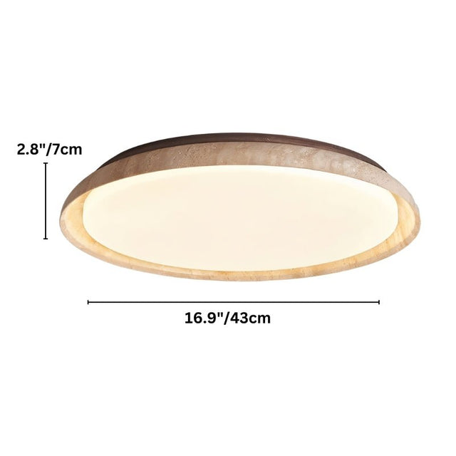 "Dimensions of a minimalist ceiling light with a soft yellow travertine ring and acrylic diffuser: 2.8 inches in height and 16.9 inches in diameter."