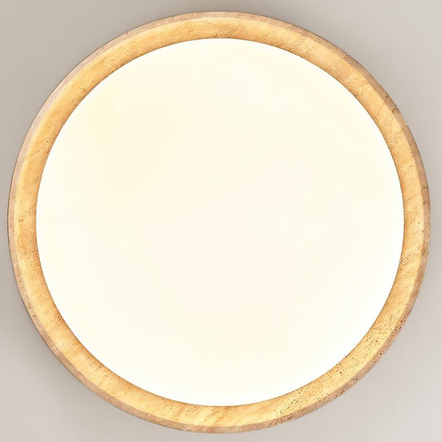 "Minimalist ceiling light with a soft yellow travertine ring and acrylic diffuser, isolated on a light gray background."