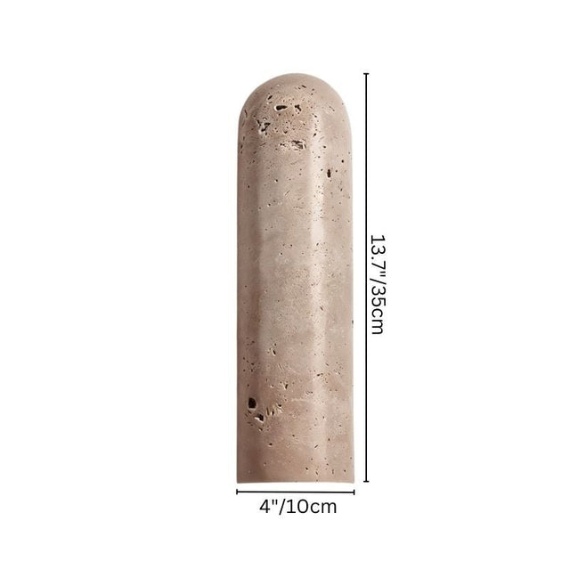 "Dimensions of the Solon travertine wall lamp, measuring 13.7 inches (35cm) in height and 4 inches (10cm) in width, showcasing its minimalist design and natural travertine texture."