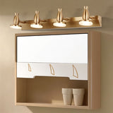 "A modern, 4-head vanity light in a brushed gold finish mounted above a bathroom cabinet with a mirror."