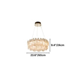 "An extra small ring chandelier with handcrafted glass petals, showing product dimensions."