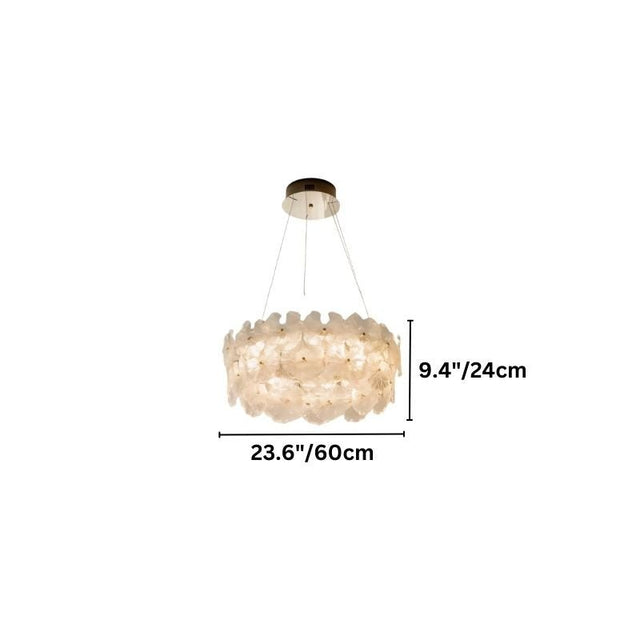 "An extra small ring chandelier with handcrafted glass petals, showing product dimensions."