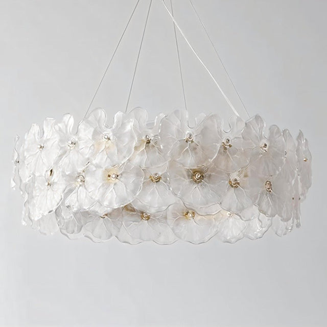 "A ring chandelier with handcrafted glass petals against a white background."