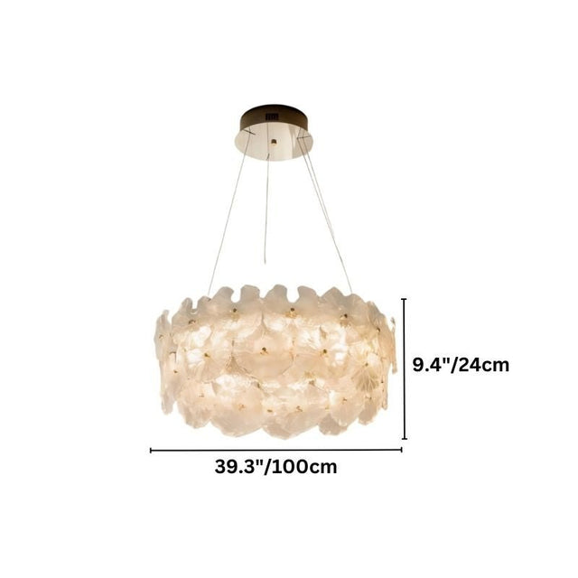 "A ring chandelier with handcrafted glass petals, showing product dimensions."