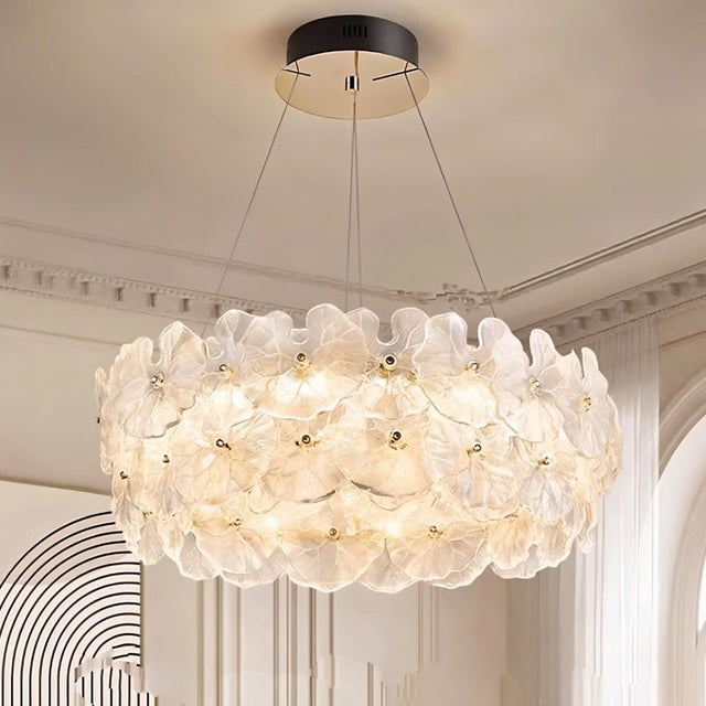 "A luxury ring chandelier with handcrafted glass petals."
