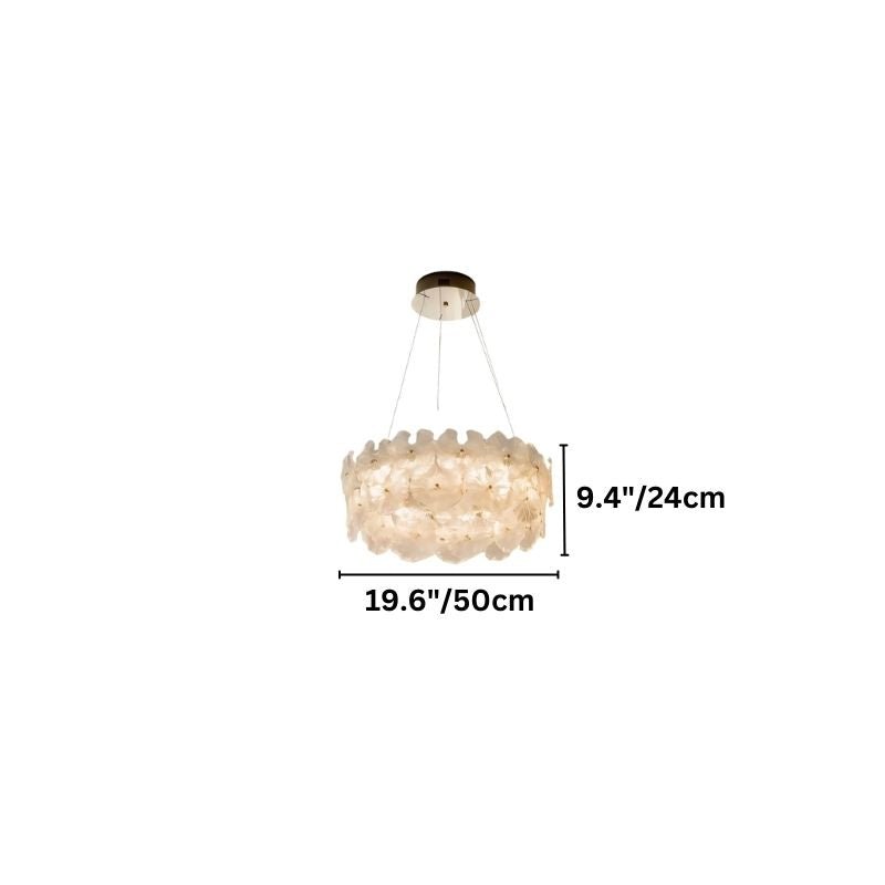 "A medium ring chandelier with handcrafted glass petals, showing product dimensions."