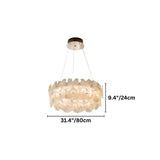 "A small ring chandelier with handcrafted glass petals, showing product dimensions."