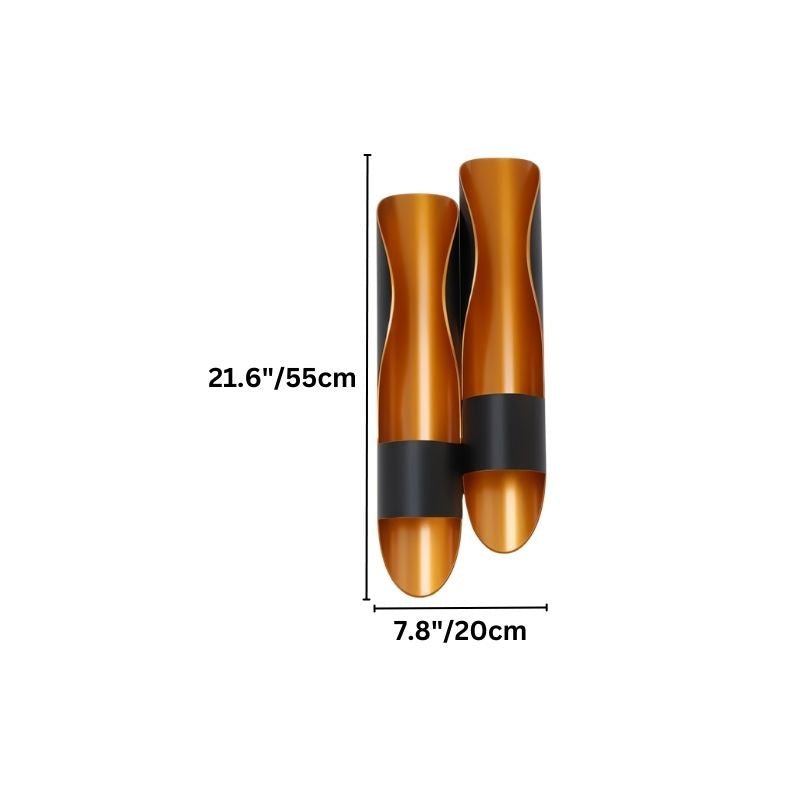 "Dimensions of a modern flame-inspired wall lamp with a dual-tone metal finish."
