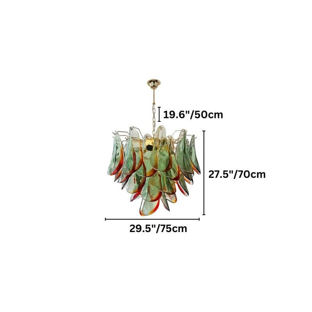 "Murano glass chandelier with green and red accents, showing dimensions: 19.6 inches height, 27.5 inches width, and 29.5 inches depth."