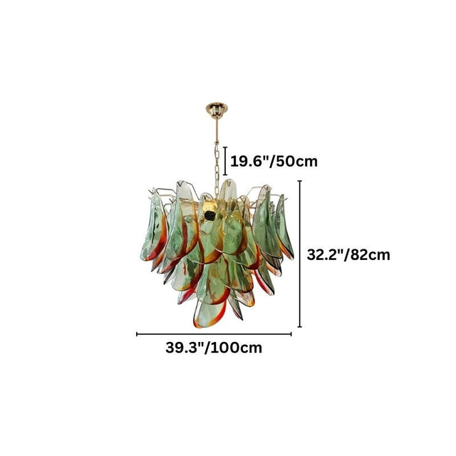 "Murano glass chandelier with green and red accents, showing dimensions: 19.6 inches height, 32.2 inches width, and 39.3 inches depth."
