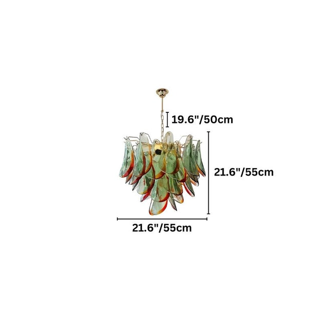 "Murano glass chandelier with green and red accents, showing dimensions: 19.6 inches height, 21.6 inches width, and 21.6 inches depth."