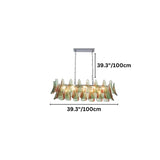 "Large linear Murano glass chandelier with green and red accents, showing dimensions: 39.3 inches height and 39.3 inches width."