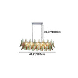 "Extra large linear Murano glass chandelier with green and red accents, showing dimensions: 39.3 inches height and 47.2 inches width."