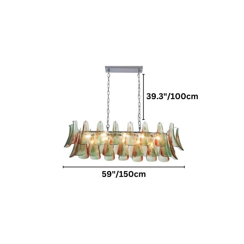 "Extra extra large linear Murano glass chandelier with green and red accents, showing dimensions: 39.3 inches height and 59 inches width."