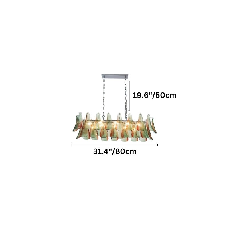 "Linear Murano glass chandelier with green and red accents, showing dimensions: 19.6 inches height and 31.4 inches width."