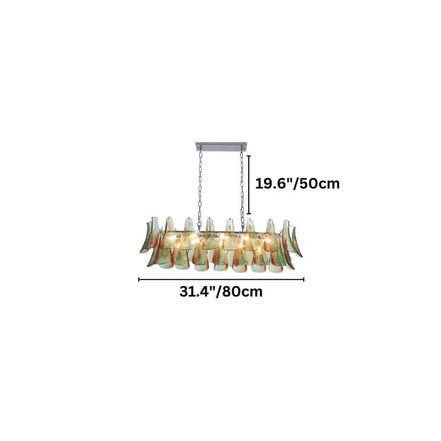 "Linear Murano glass chandelier with green and red accents, showing dimensions: 19.6 inches height and 31.4 inches width."
