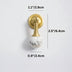 White marble sphere knob with brass stem and backing plate shown with dimensions on white background.