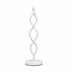 White spiral table lamp with curved geometric design and round base on plain background.