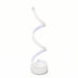 White spiral table lamp with curved ribbon-like design on plain background.