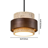"Dimensions of a modern cylindrical pendant light featuring natural stone and dark wood, measuring 6.6 inches in width and 4.9 inches in height."