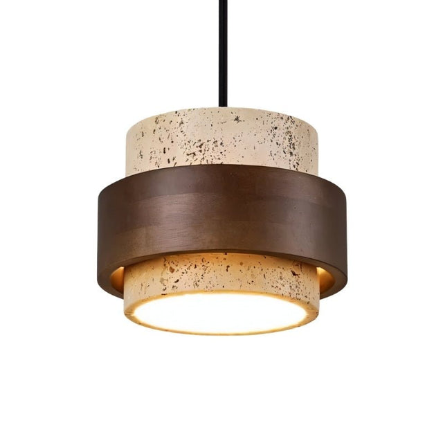 "A modern cylindrical pendant light featuring natural stone and dark wood, isolated on a white background."