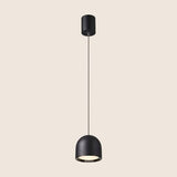Black Sterna Pendant Light with a dome-shaped aluminum fixture and adjustable cord, shown on a beige background.