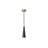 "A walnut wood pendant light with a sleek, conical design and copper accents."