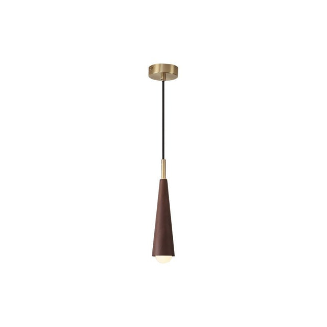 "A walnut wood pendant light with a sleek, conical design and copper accents."