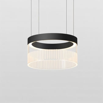 "Close-up of a sleek pendant light with a black aluminum finish and cylindrical glass shade, perfect for contemporary interiors with even light distribution."