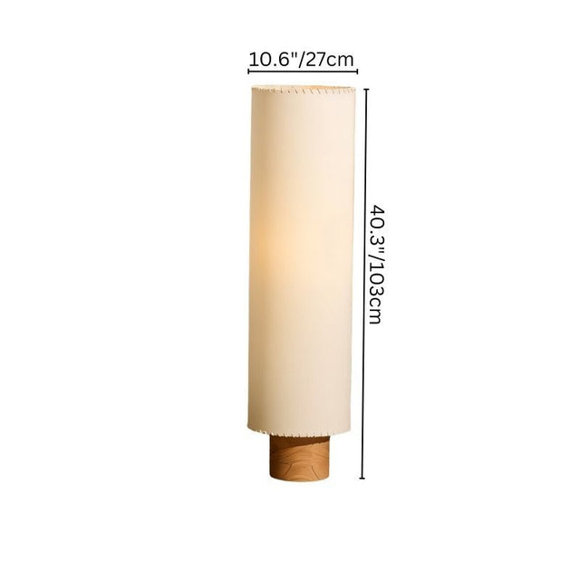 "Svetlina floor lamp showing dimensions: 10.6 inches (27 cm) width and 40.3 inches (103 cm) height, with a cylindrical fabric lampshade and wood base."