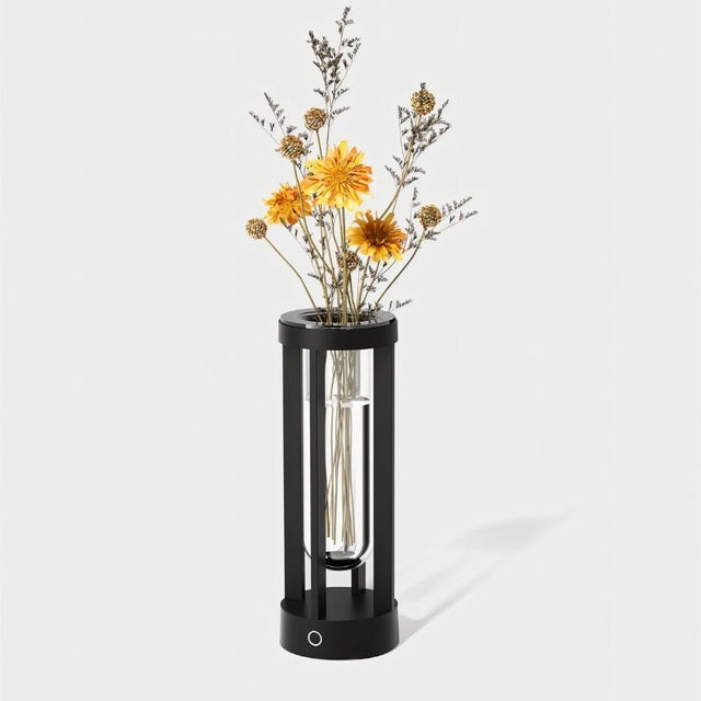 Black Svetu Waterproof Rechargeable Pendant Table Lamp with dried yellow flowers, showcasing sleek metal design and LED lighting for modern interiors.