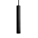 "A black cylindrical pendant light hanging from a black cord, isolated on a white background."