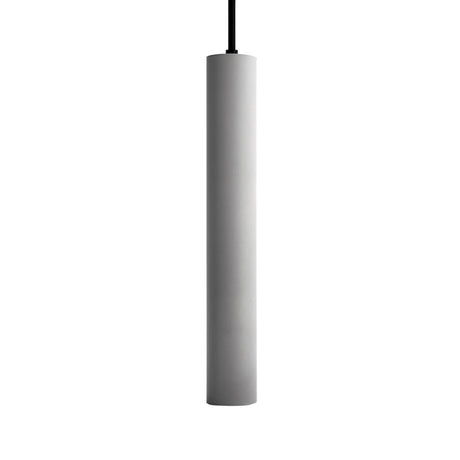 "A gray cylindrical pendant light hanging from a black cord, isolated on a white background."